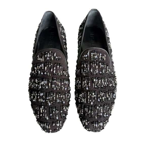 Versace 1003792 Men's Black leather/suede loafer/slipper w/ embellished beading
